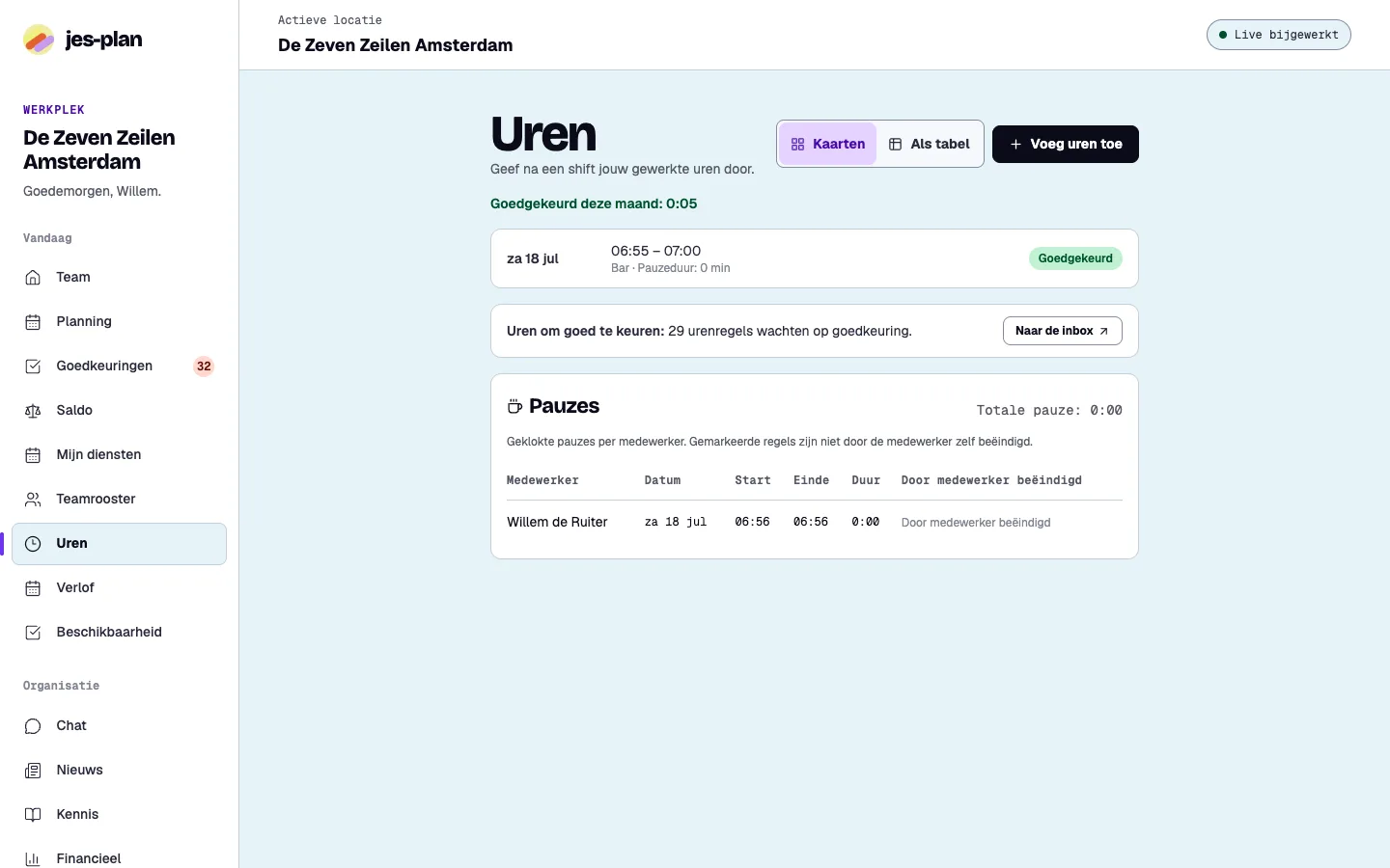 Urenoverzicht in jes-plan: doorgegeven uren per medewerker, klaar om af te tekenen